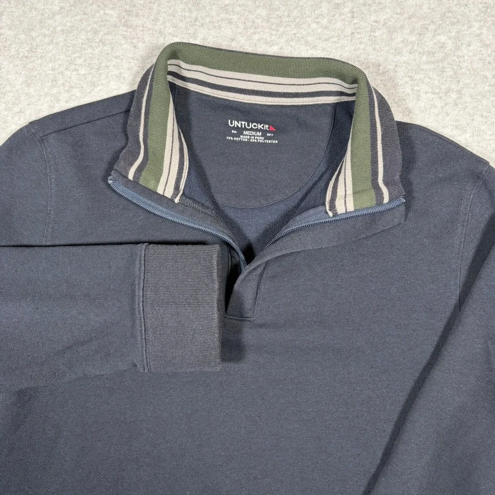 UNTUCKit Quarter Zip Pullover Mens Medium Navy Blue Striped Collar Sweatshirt